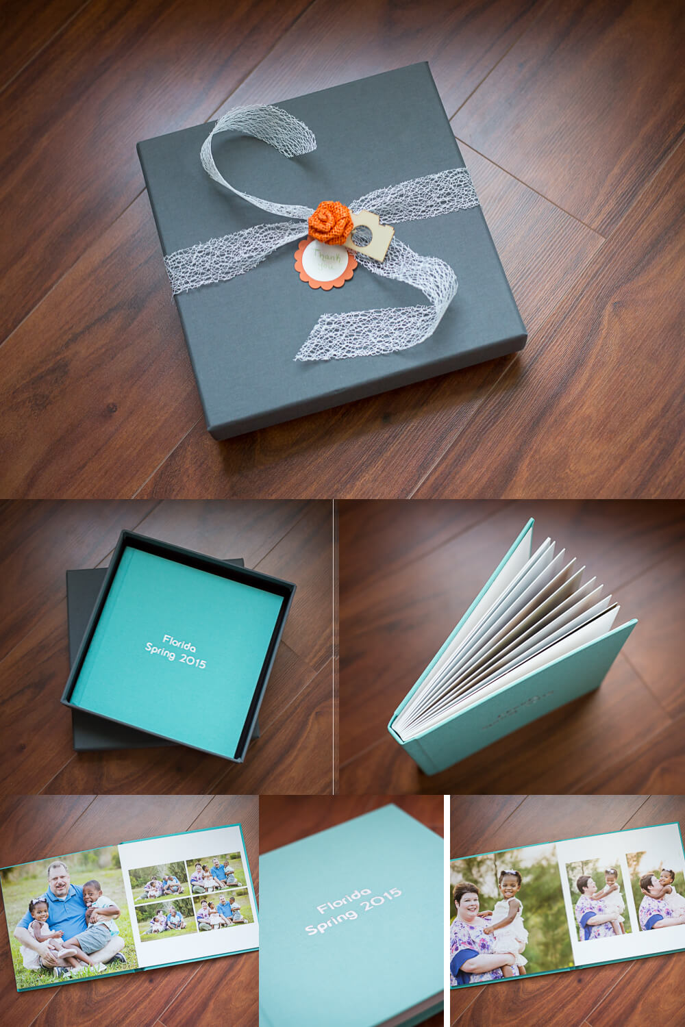 A set of images showcasing photo albums. The first image depicts a gift box with ribbon and flower decoration. The second shows the box open, revealing a teal album titled "Florida Spring 2015." The remaining images display the album's open pages with family photos.