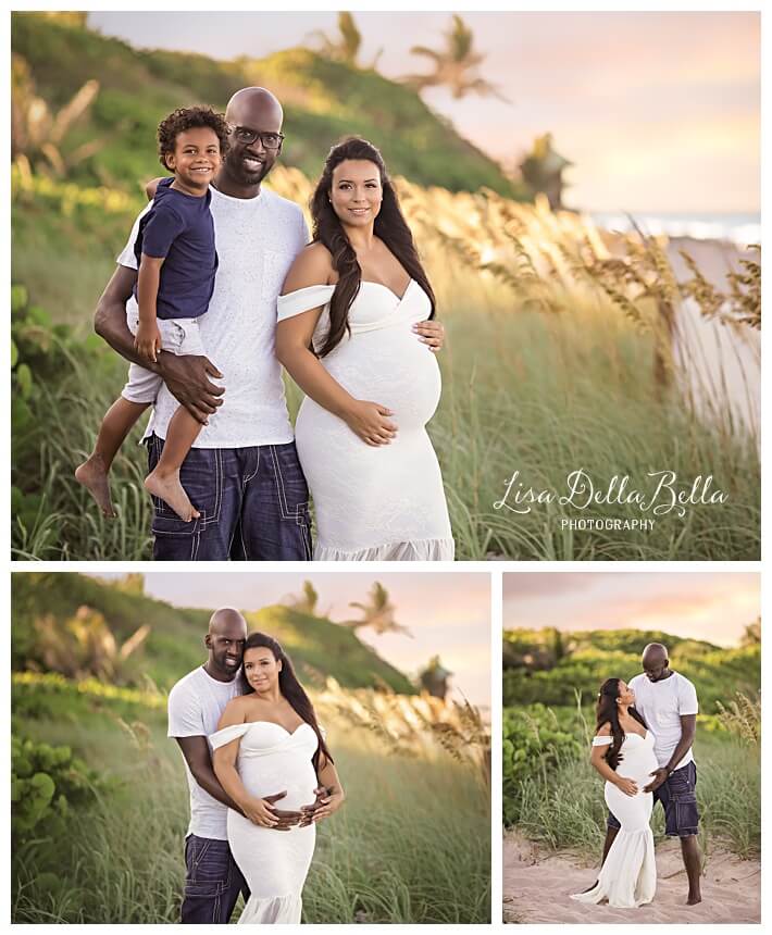 Top image: A family standing on a beach, with greenery and palm trees in the background. A man is holding a young boy while standing next to a pregnant woman in a white dress. Bottom left: Same family standing closer together. Bottom right: Couple embracing, captured perfectly by our Boynton Beach maternity photographer.